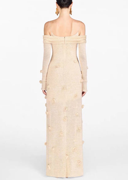 Novelty Beige Slash Neck Knit Maxi Dresses Fall