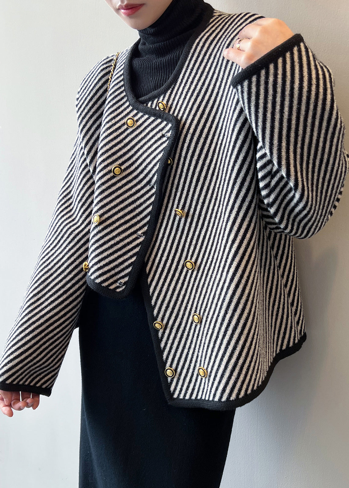 Italian Asymmetrical Striped Double Breast Cotton Coats Fall