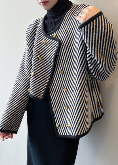 Italian Asymmetrical Striped Double Breast Cotton Coats Fall