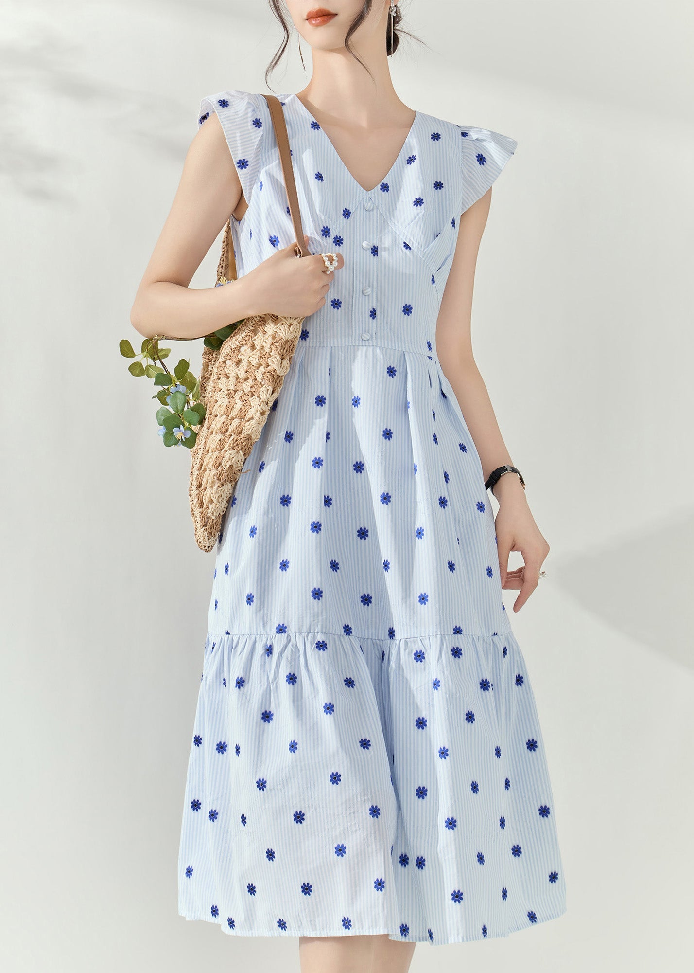 Blue V Neck Print Tunic Maxi Dresses Summer