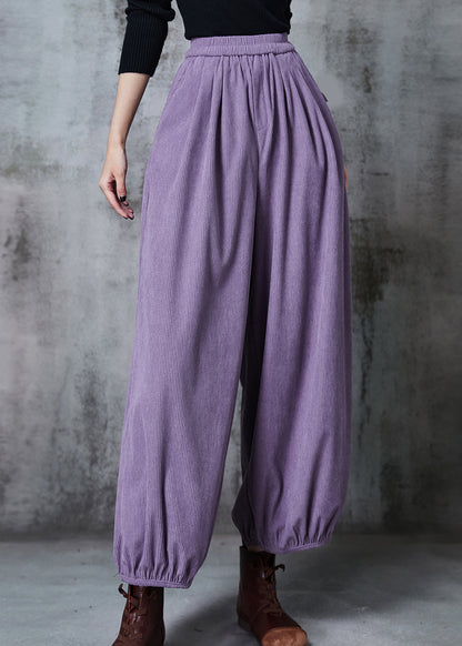 Purple Elastic Waist Corduroy Pants Spring