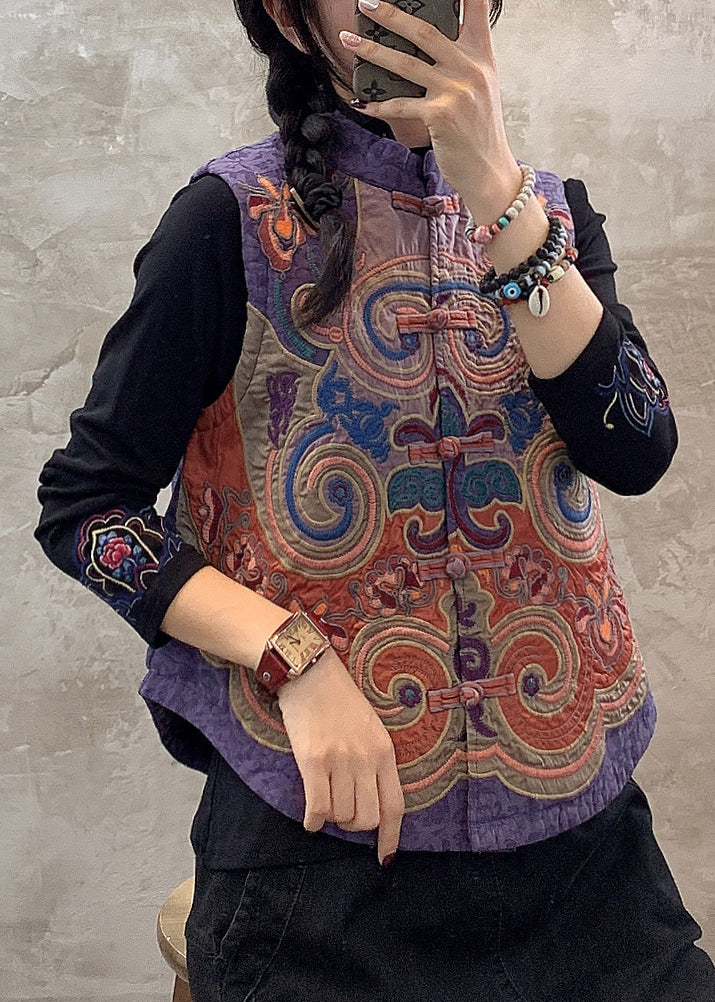 Retro Black Stand Collar Embroideried Button Waistcoat Fall