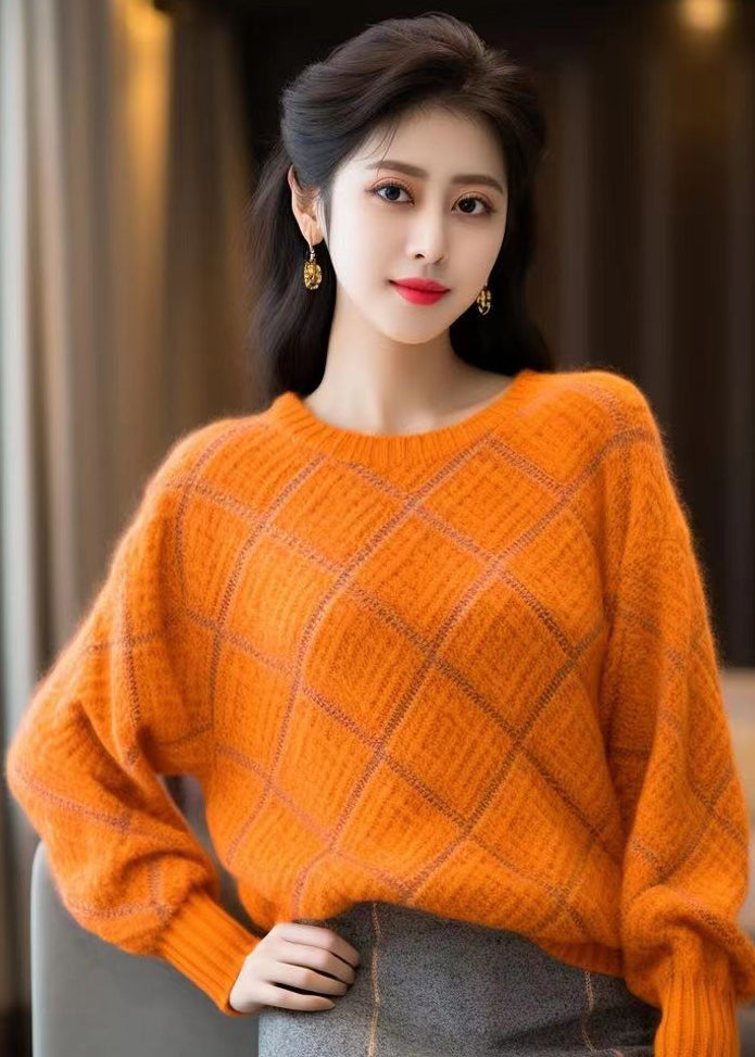 Orange O Neck Patchwork Cozy Cotton Knit Sweaters Winter