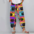 Women's Black Cat Multicolor Pop Art Linen Blend Pants artswardrobe