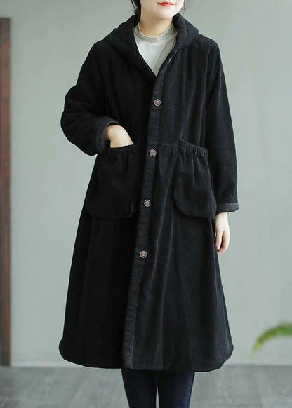 Classy Black Fine Maxi Coat Sewing Hooded Pockets Coats