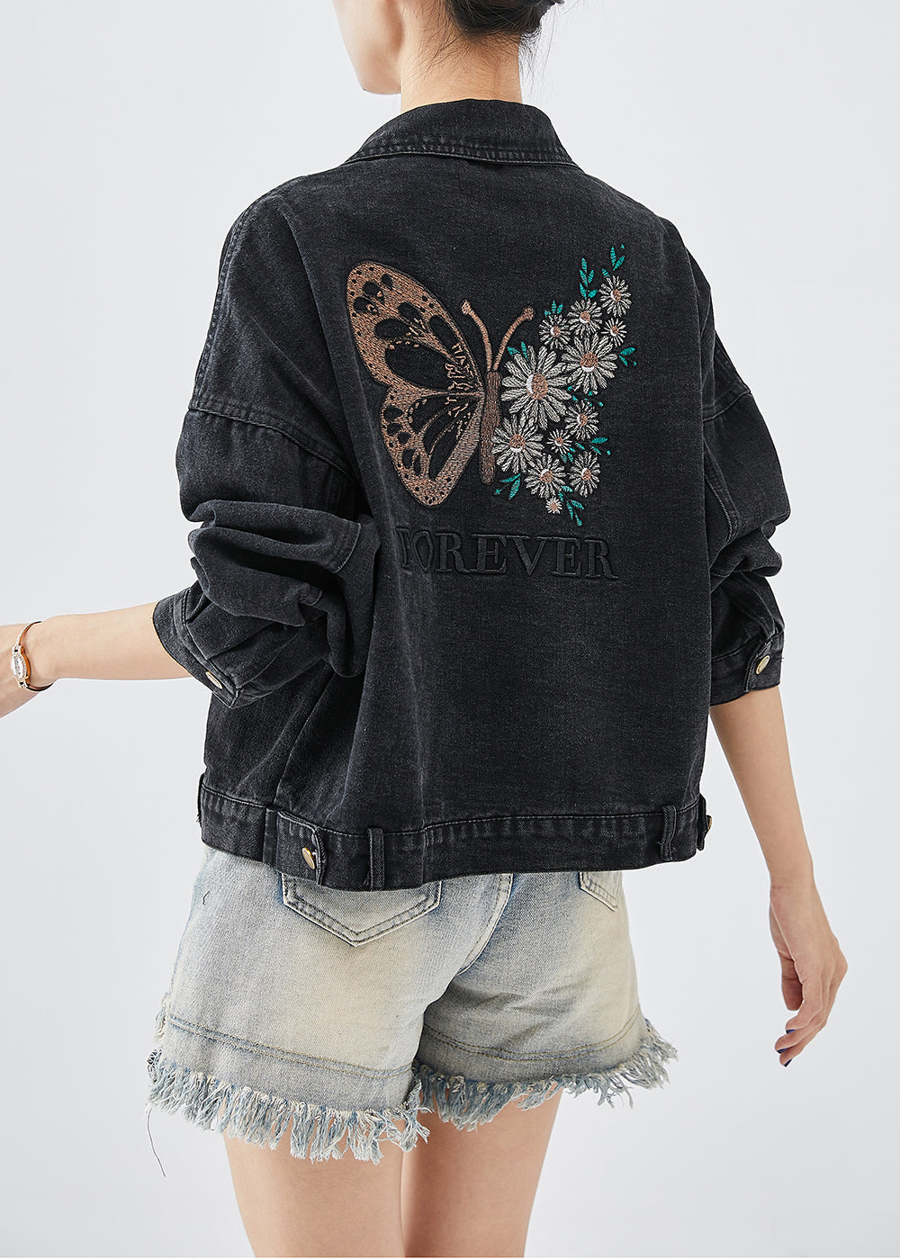 Boutique Black Embroideried Letter Butterfly Denim Jacket Spring