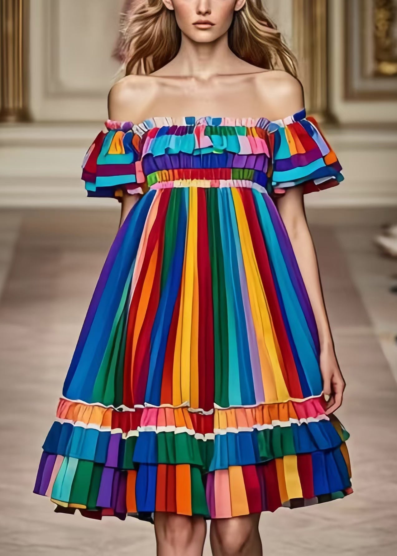 Rainbow Cold Shoulder Striped Chiffon Dress Summer