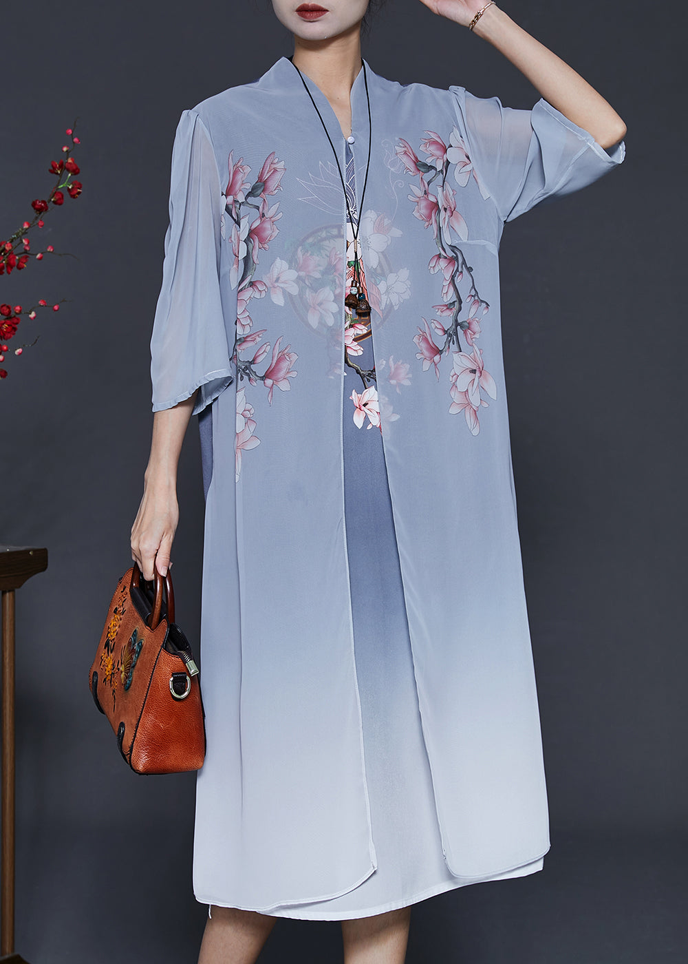 Blue Print Silk Fake Two Piece Dress Summer