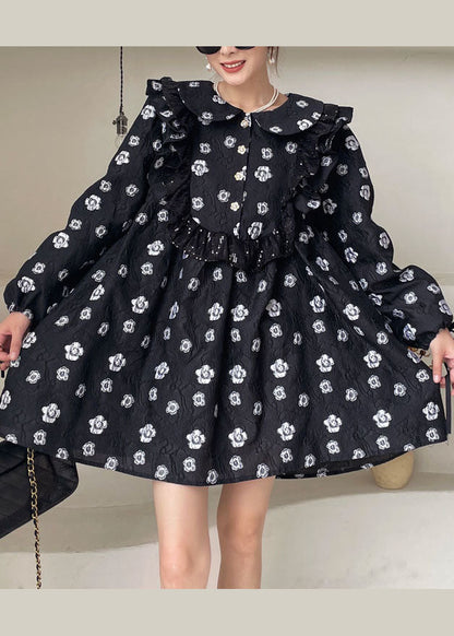 Black Print Ruffled Mini Dress Spring
