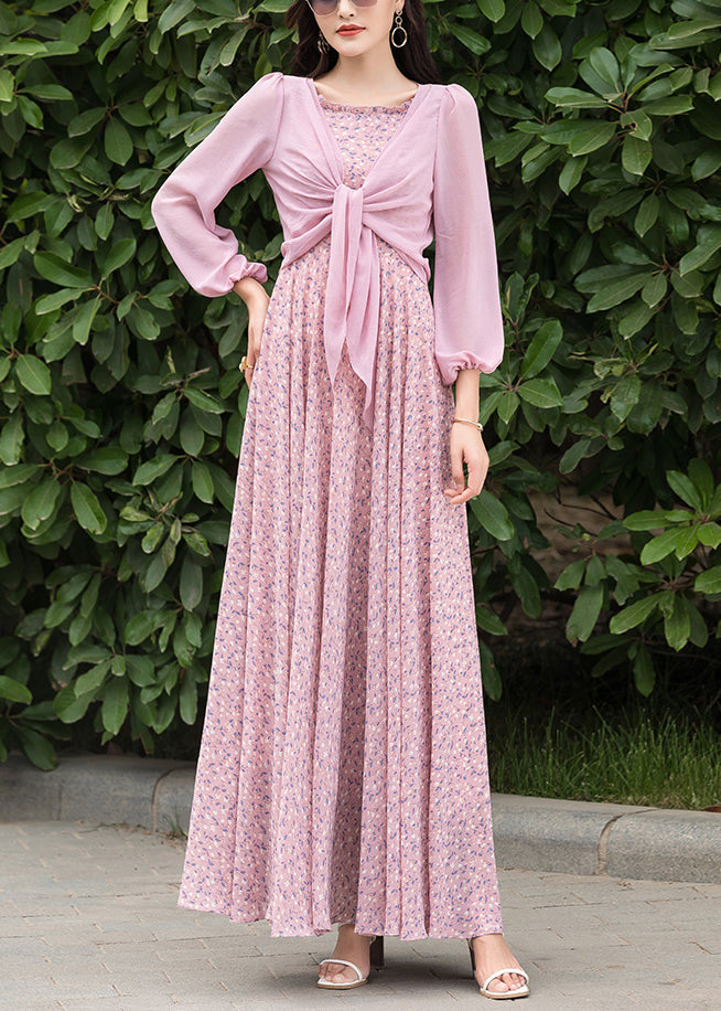 Pink Print Chiffon Cardigan and Slip Dress Two Pieces Set Spring