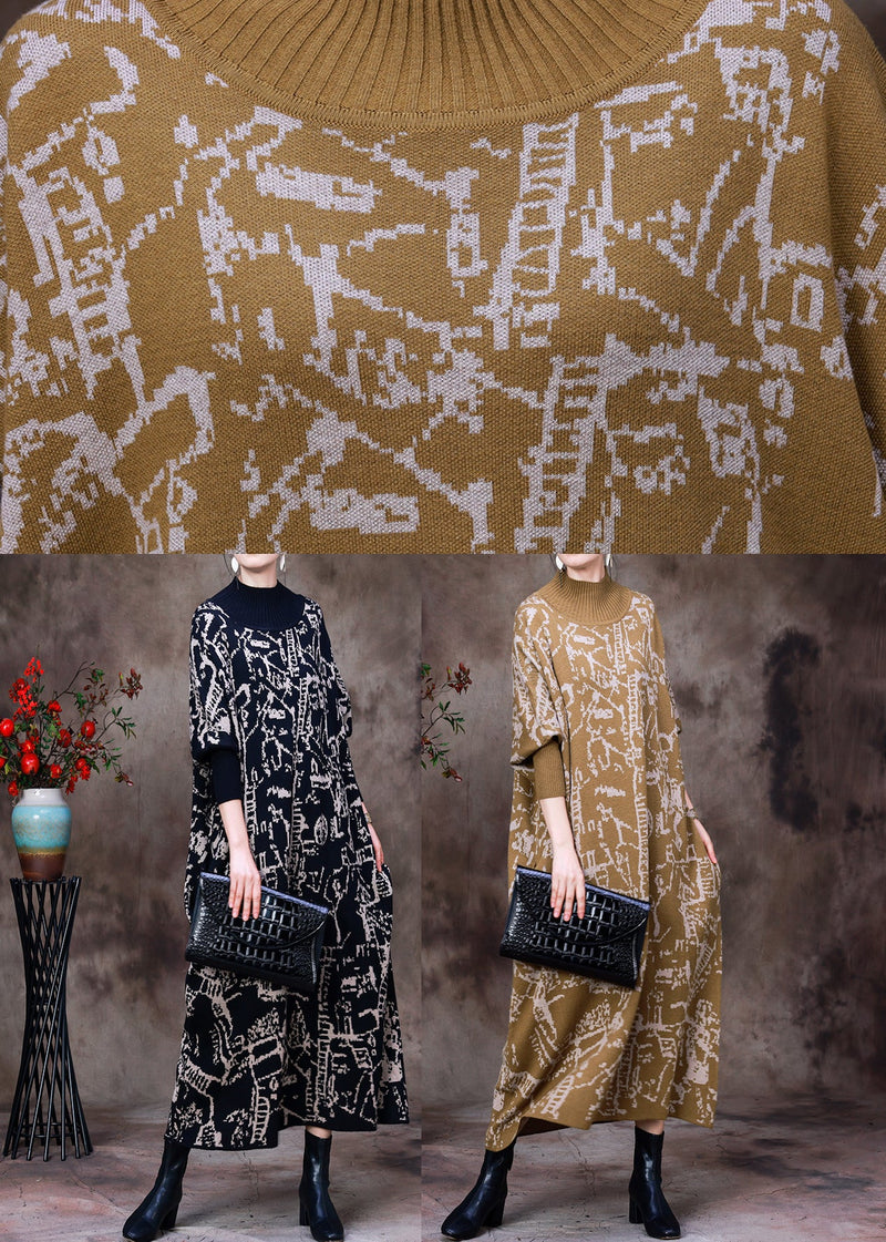 Black Turtleneck Print Knit Patchwork Long Dress Long Sleeve