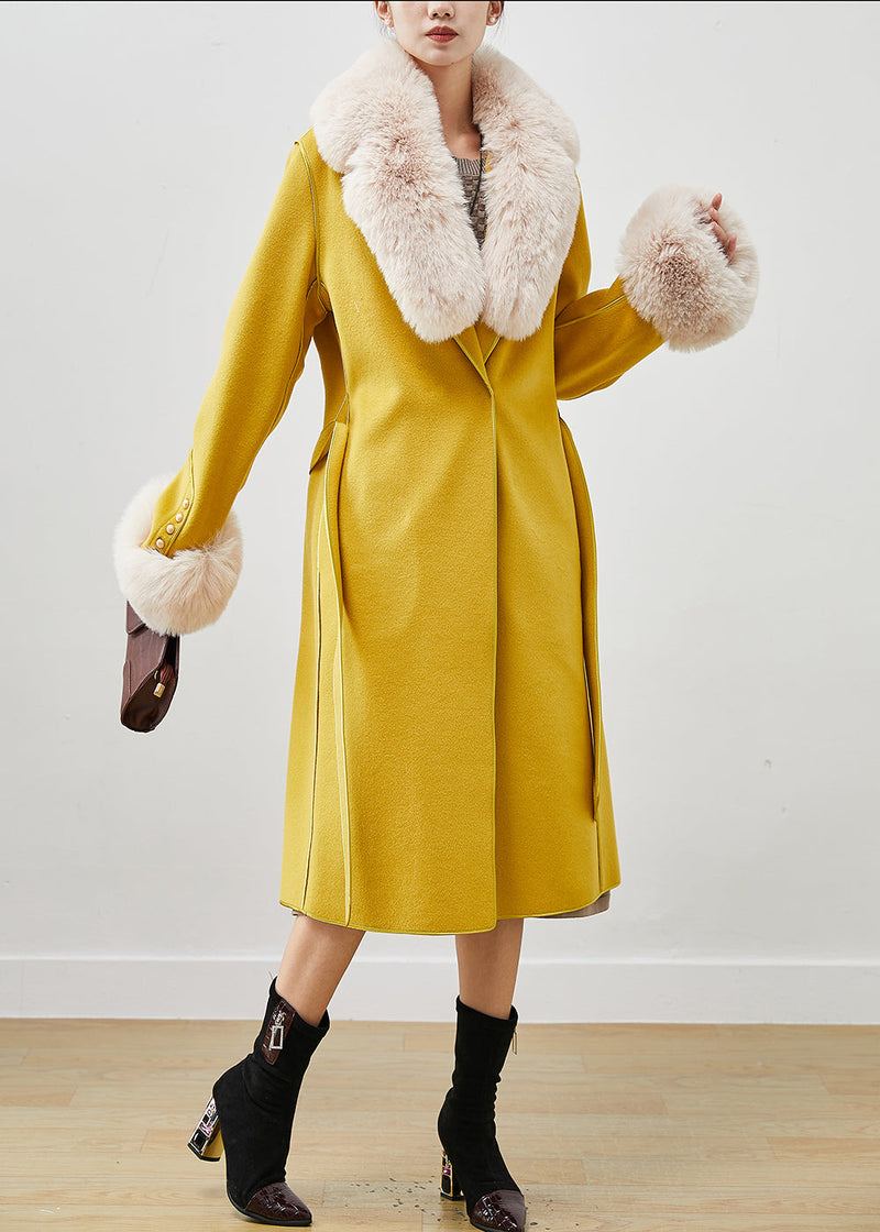 Stylish Yellow Fur Collar Tie Waist Woolen Coats Fall