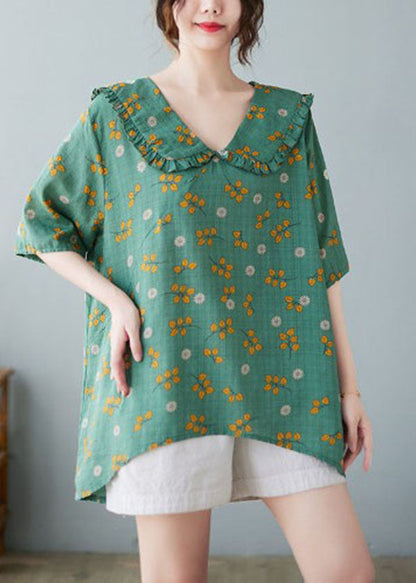 Green Peter Pan Collar Ruffled Print Linen Tops Half Sleeve