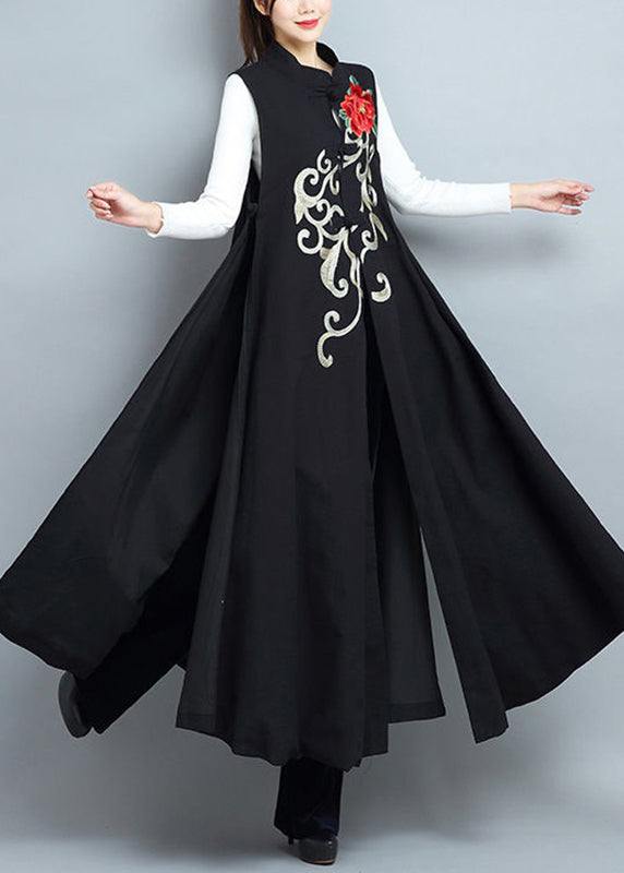Black Embroideried Side Open Patchwork Cotton Long Waistcoat Sleeveless