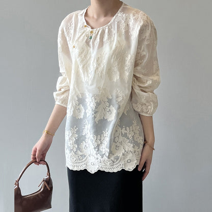 Beige O-neck Print Chiffon Shirts Long Sleeve