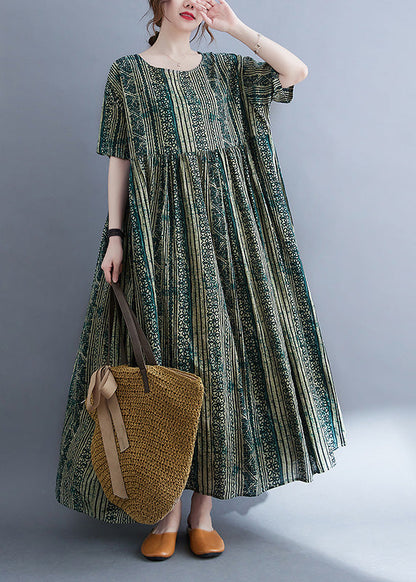 Green O-neck Print Patchwork Maxi Dress Summer