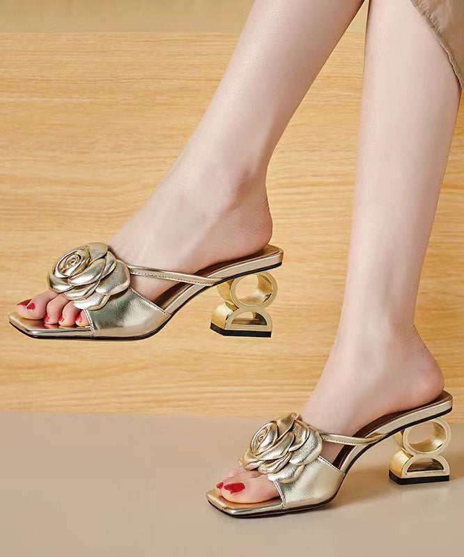 Stylish Gold Chunky Heel Slide Sandals Peep Toe