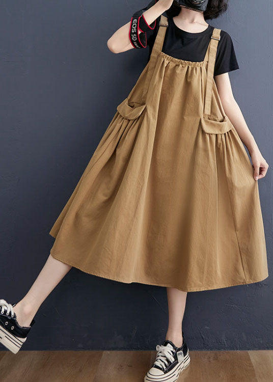 Khaki Oversized Pockets Cotton Strap a Line Dress Summer