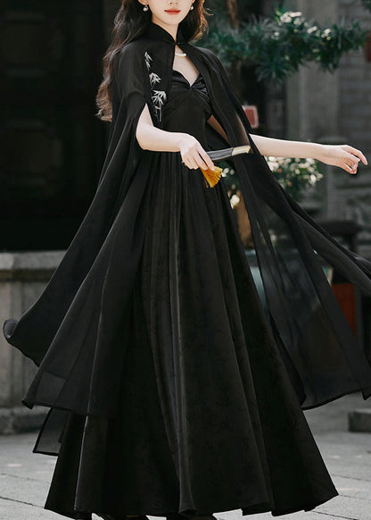 Black Embroidered Cape and Spaghetti Strap Dress Silk 2 Piece Outfit Spring