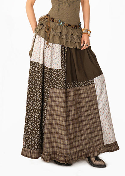 Colorblock Print Plaid Patchwork Maxi Skirt