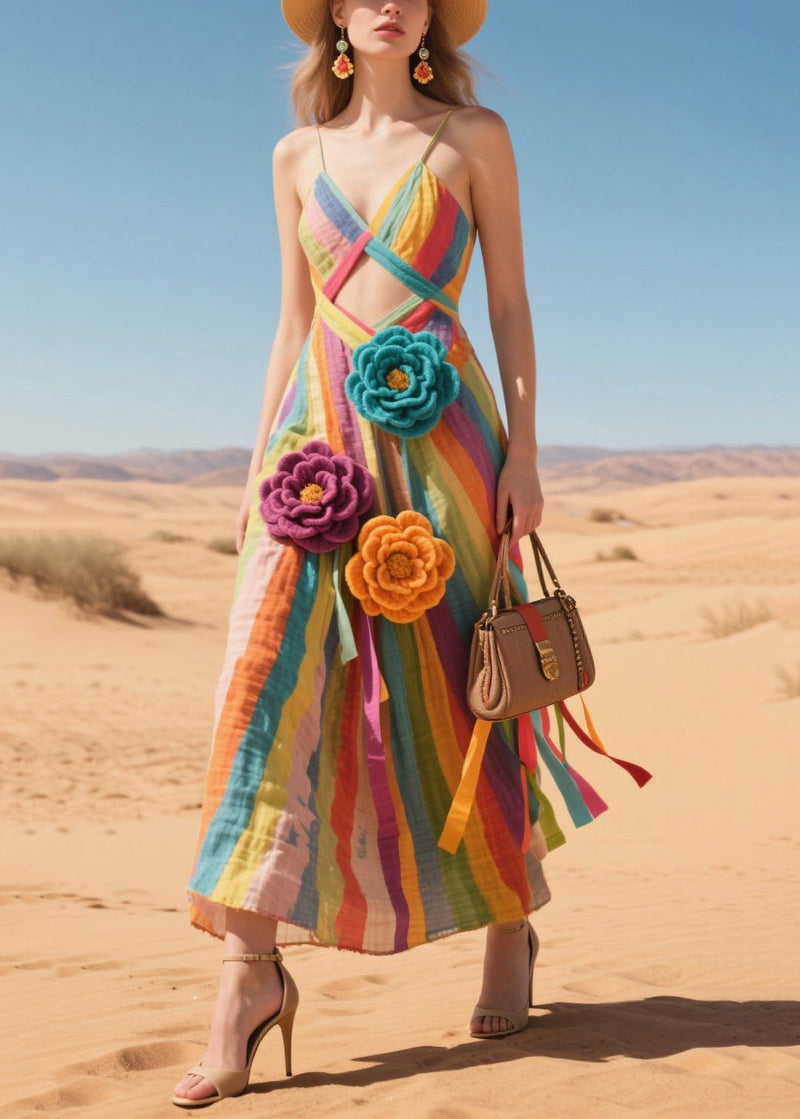 Rainbow Striped Cotton Sundress Knitted Flower Summer