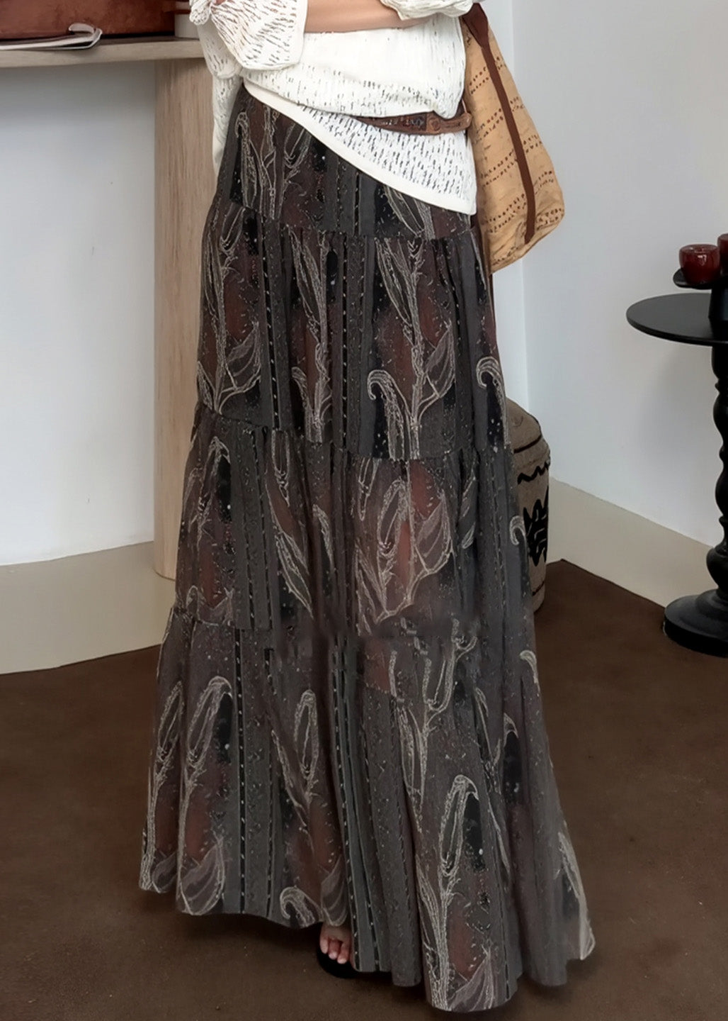 Grey Print Draping Chiffon Skirts Spring