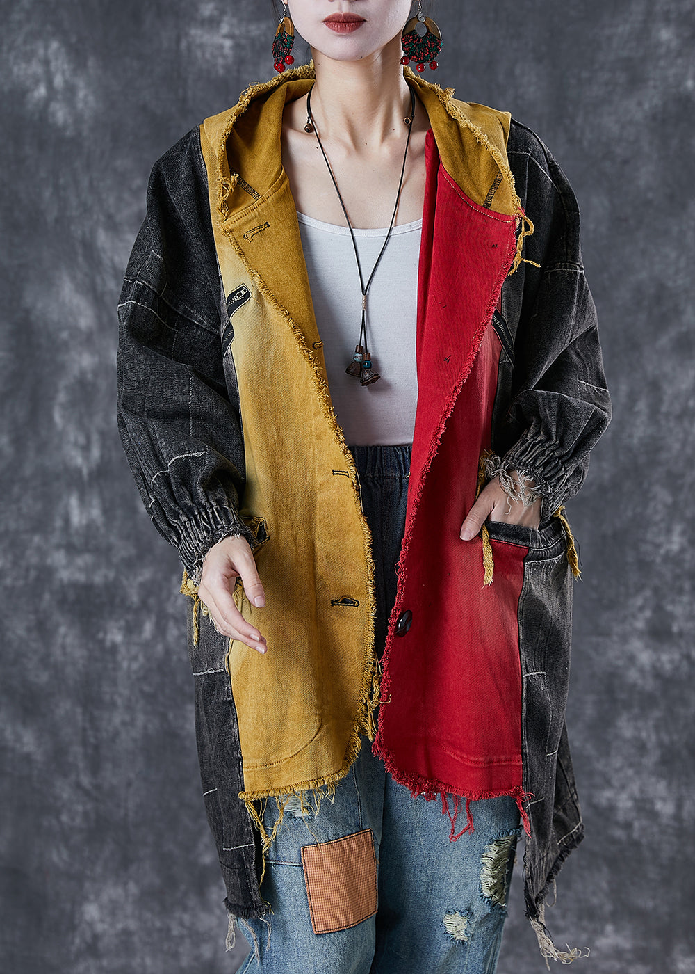 Colorblock Asymmetrical Patchwork Cotton Coat Fall