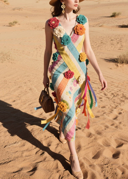 Multicolor Striped Knitted Flower Cotton Cami Dresses Summer