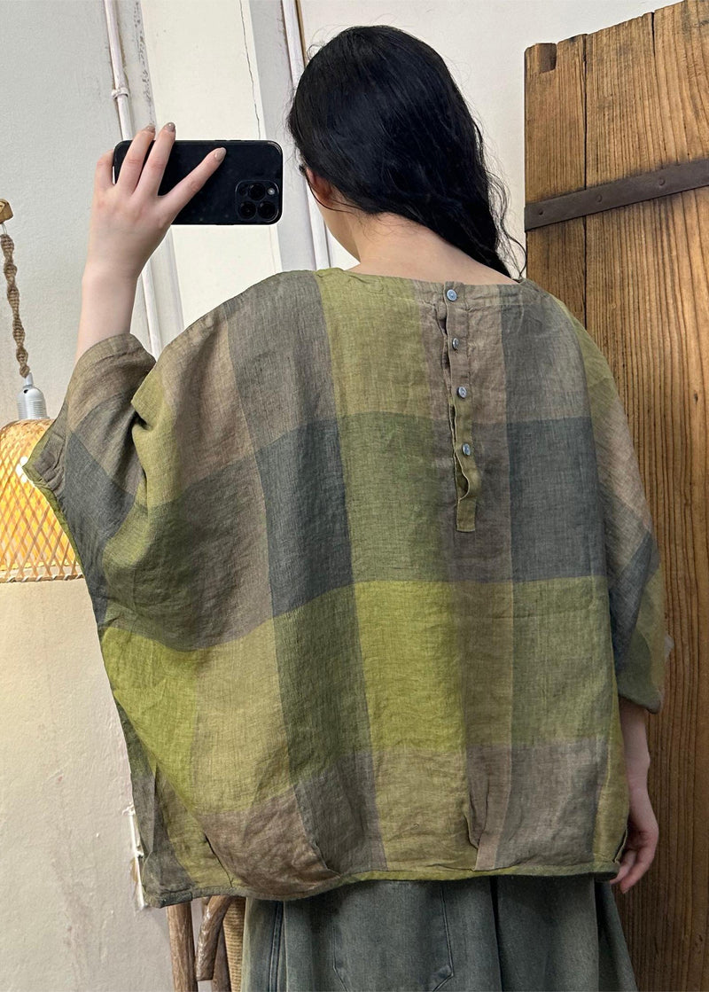 Blue Plaid O-neck Cotton Top Batwing Sleeve