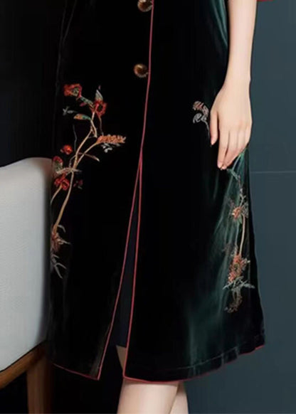 Blackish Green Embroideried Button Silk Velour Dress Long Sleeve