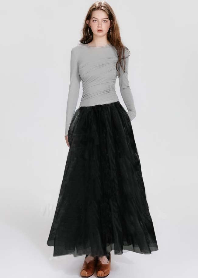 French Black O-neck Asymmetrical Wrinkled Maxi Dresses Spring