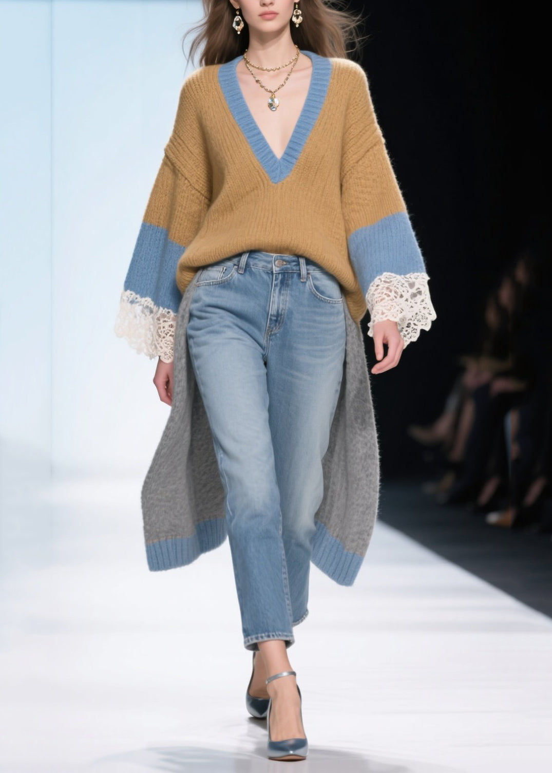 Brown Low High Design Patchwork Long Sweaters Winter
