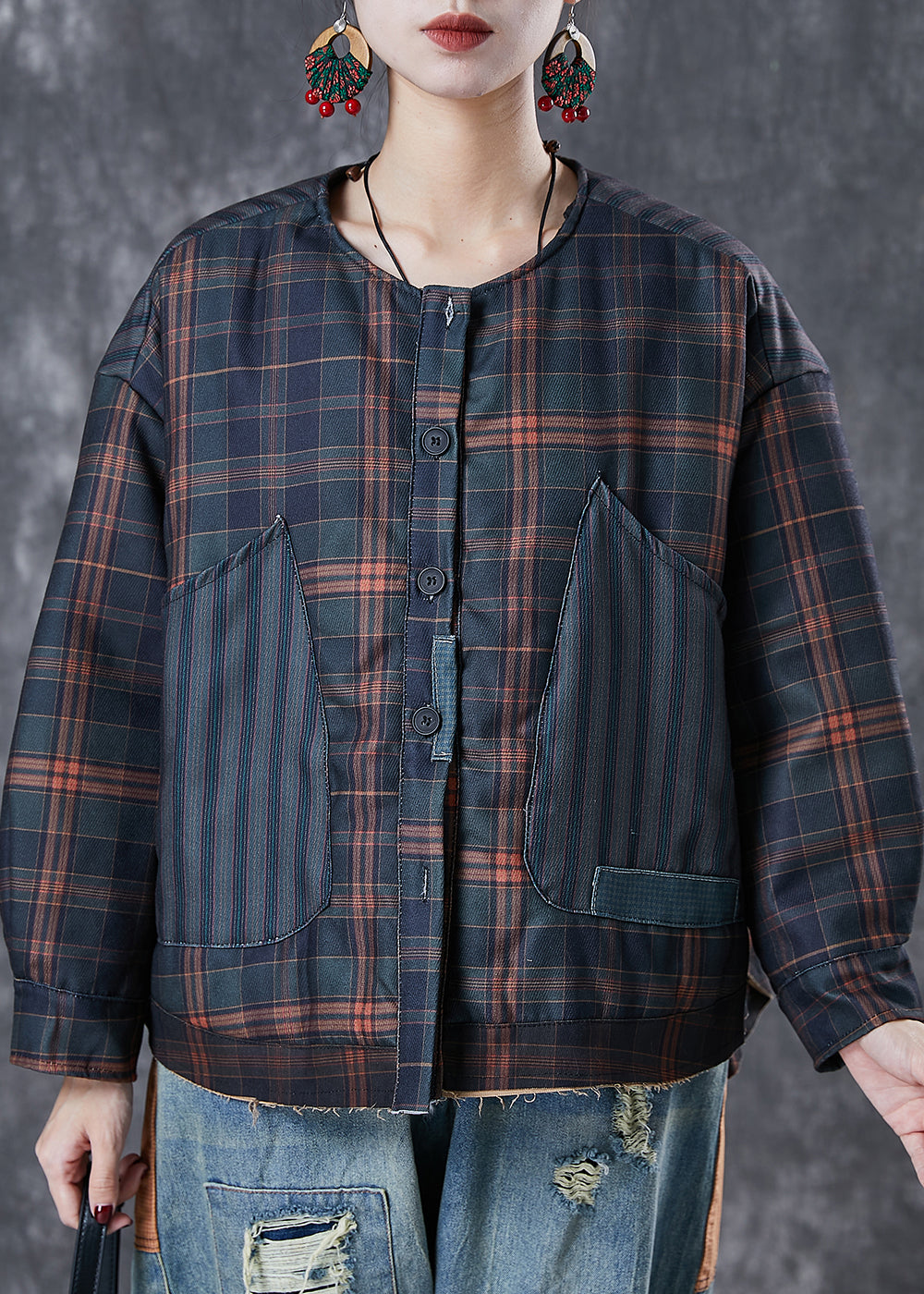 Black Oversized Patchwork Plaid Fine Cotton Filled Coats Spring