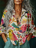 Comstylish Vintage Colorful Bird & Flower Linen Blend Cozy Blouse