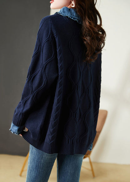 Navy Ruffled Patchwork False Two Pieces Cotton Knit Top Long Sleeve