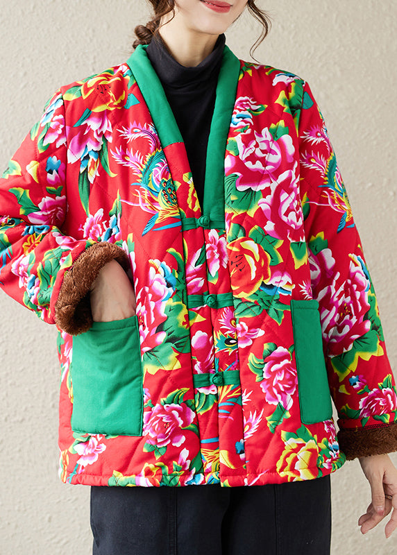 Navy V Neck Pockets Print Fine Cotton Filled Jackets Winter