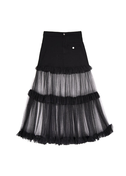 Original Design Black Ruffled Tulle Patchwork Denim Skirt Summer