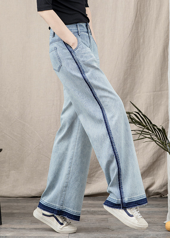Blue Pockets Patchwork Denim Wide Leg Pants Spring
