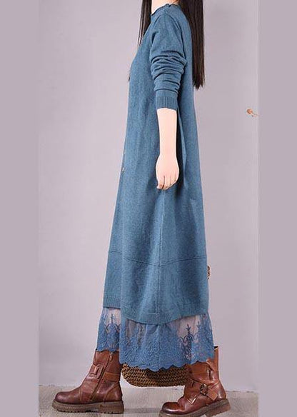 Vivid Blue Tunics O Neck Patchwork Lace Spring Dress
