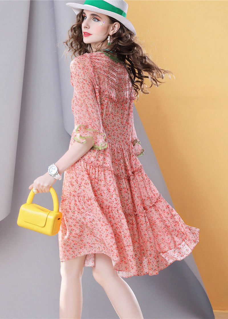 Stylish Pink V Neck Nail Bead Print Silk Mid Dresses Summer
