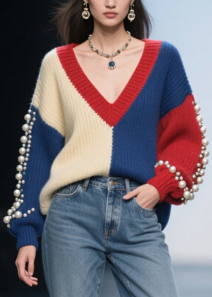 Original Colorblock V Neck Nail Bead Patchwork Knit Pullover Fall