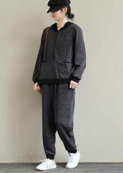 Art Loose Gray Color Matching Hooded Sweater and Elastic Pants Suit