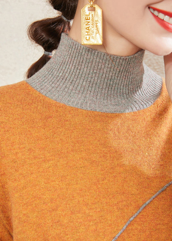 Yellow Stand Collar Patchwork Woolen Dresses Fall