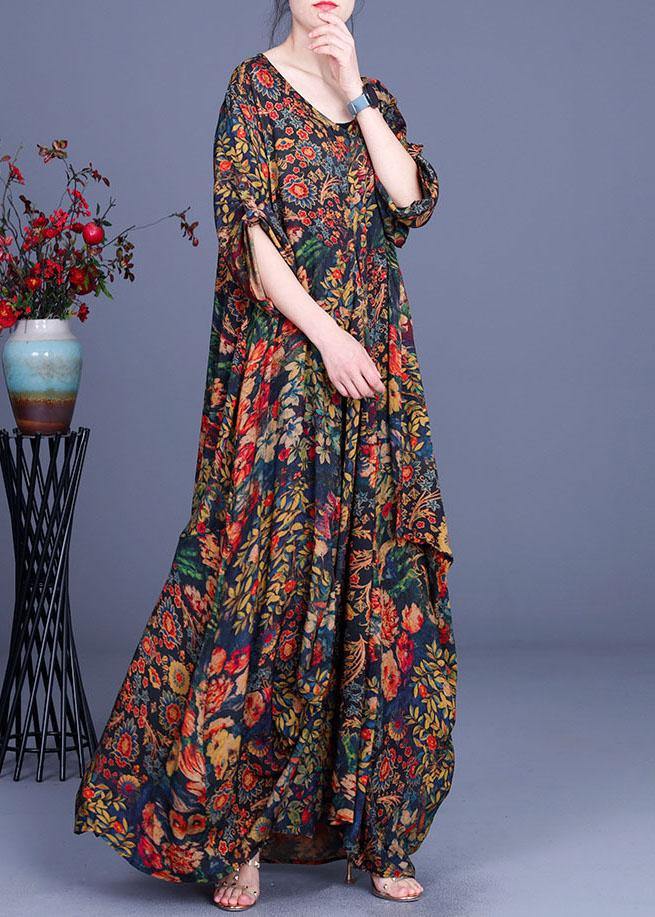 French Print O-neck Long Sleeve Silk Dresses Summer