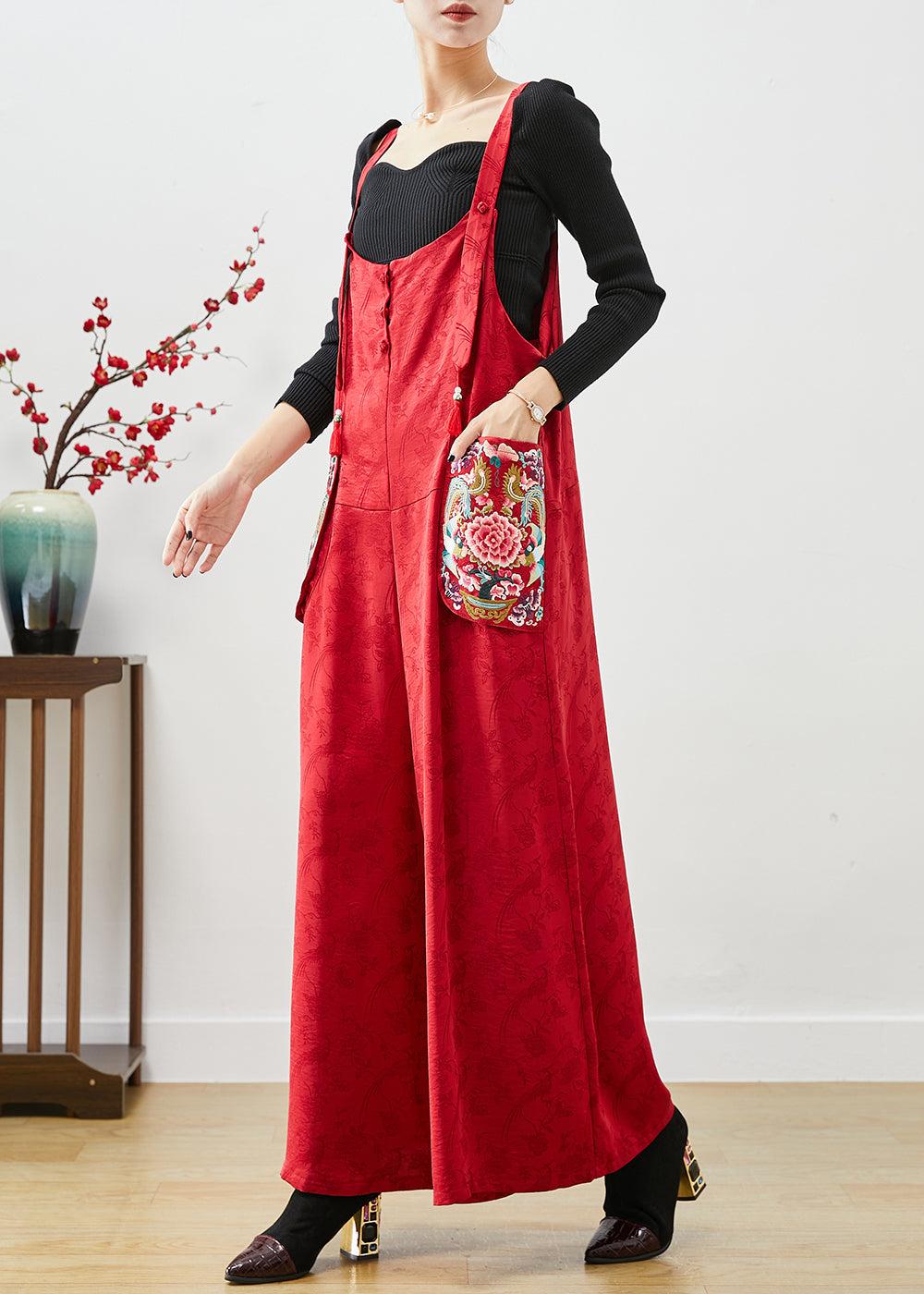 Red Embroideried Pockets Silk Jumpsuit Fall