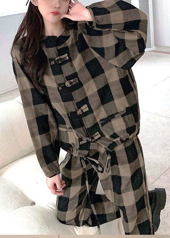 Deep Chocolate Plaid Warm Fleece Two Piece Outfit O-neck Button Spring