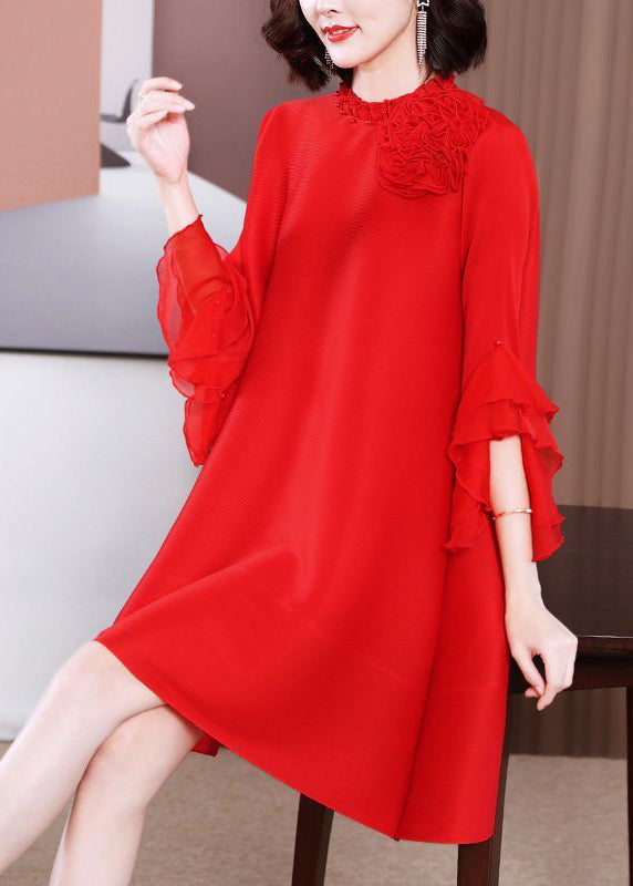 Pink Stand Collar Nail Bead Vacation Dresses Petal Sleeve Summer
