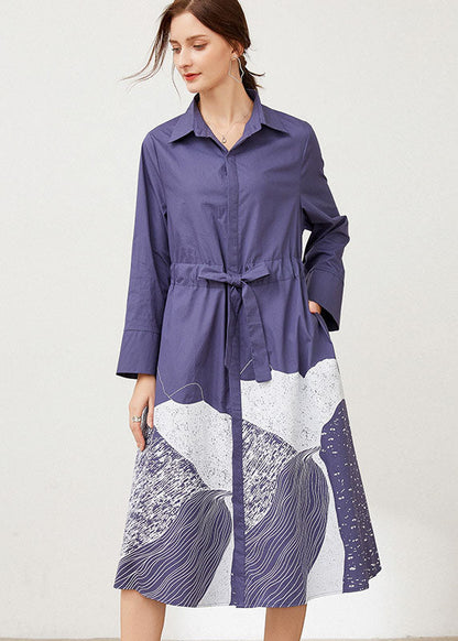 Blue Cinched Print Cotton Shirts Dresses Spring