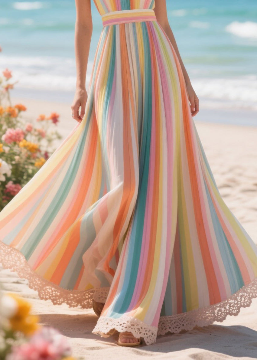 Rainbow Striped Exra Large Hem Chiffon Beach Dress Summer