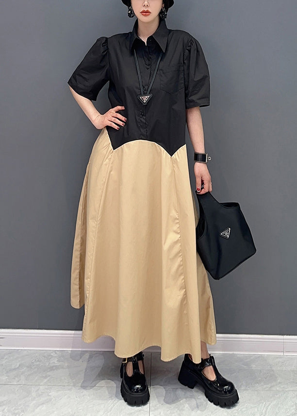 Khaki Peter Pan Collar Patchwork Cotton Maxi Dress Summer